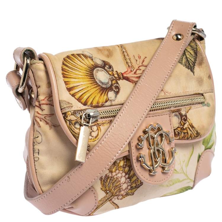 Pre Owned Roberto Cavalli Beige/Pink Print Canvas and Leather Crossbody Bag