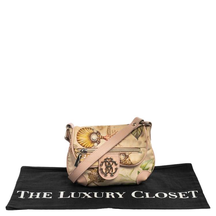 Pre Owned Roberto Cavalli Beige/Pink Print Canvas and Leather Crossbody Bag