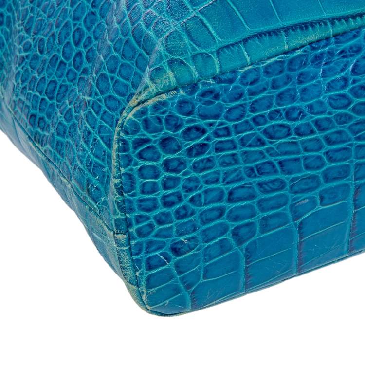Pre Owned Roberto Cavalli Blue Croc Embossed Leather Shopper Tote