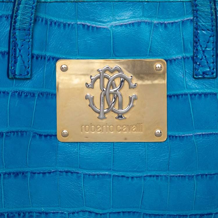 Pre Owned Roberto Cavalli Blue Croc Embossed Leather Shopper Tote