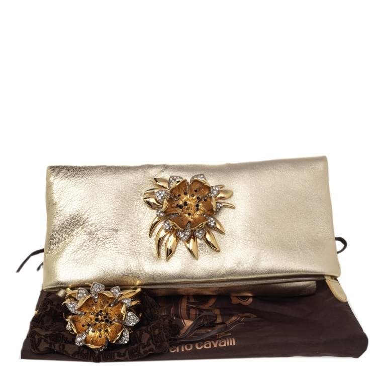 Pre Owned Roberto Cavalli Metallic Gold Crystal Flower Embellished Clutch