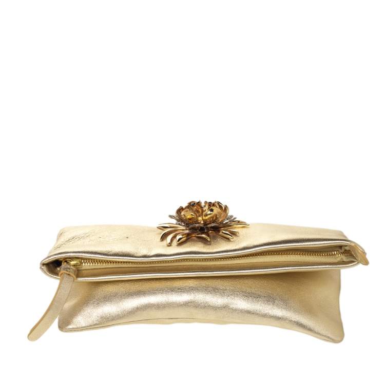 Pre Owned Roberto Cavalli Metallic Gold Crystal Flower Embellished Clutch