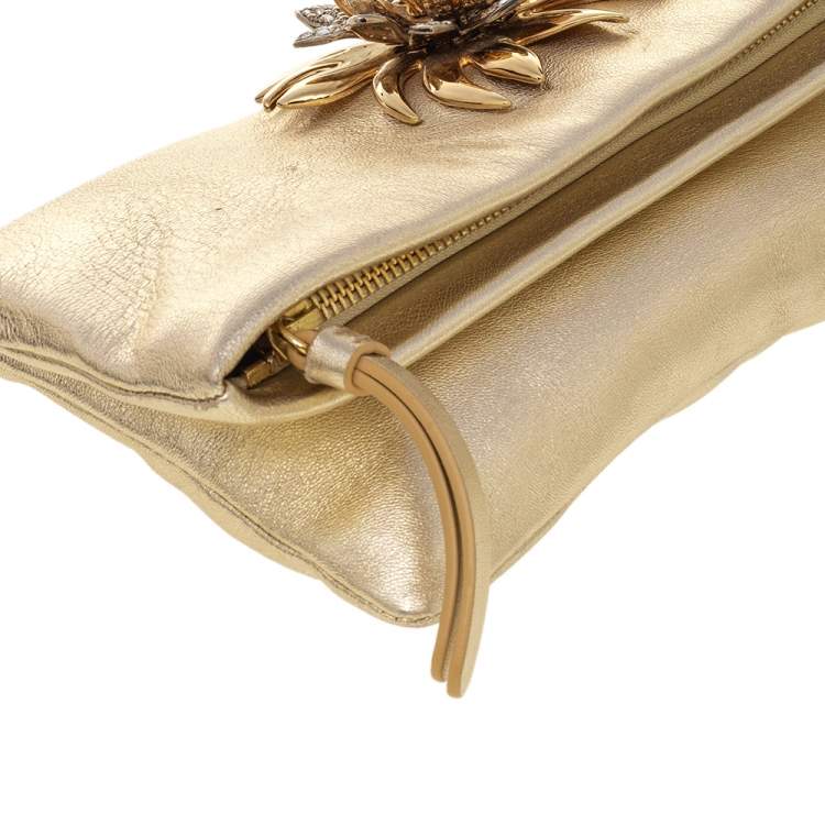 Pre Owned Roberto Cavalli Metallic Gold Crystal Flower Embellished Clutch