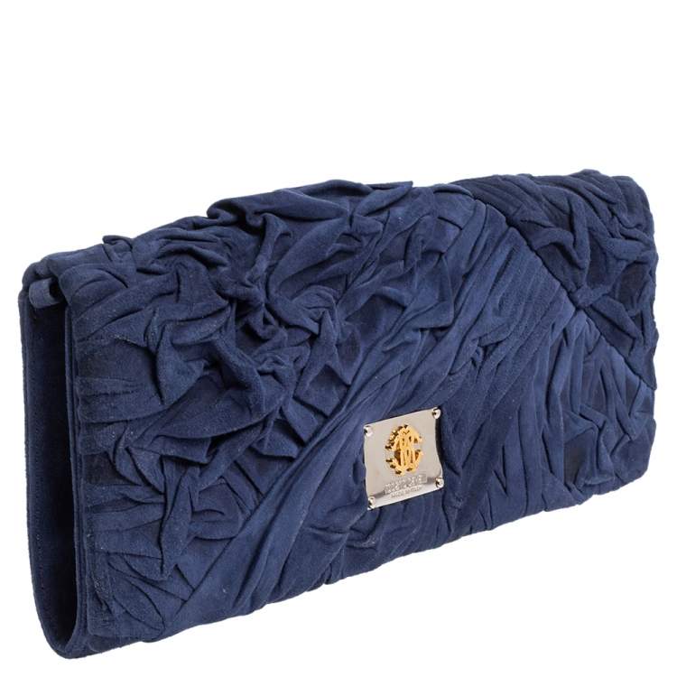 Pre Owned Roberto Cavalli Blue Pleated Suede Chain Clutch