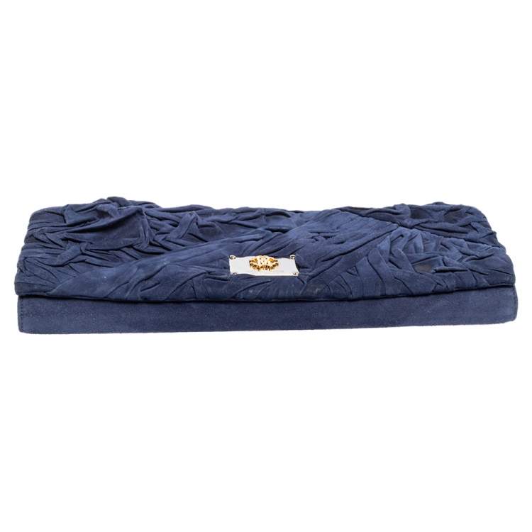 Pre Owned Roberto Cavalli Blue Pleated Suede Chain Clutch