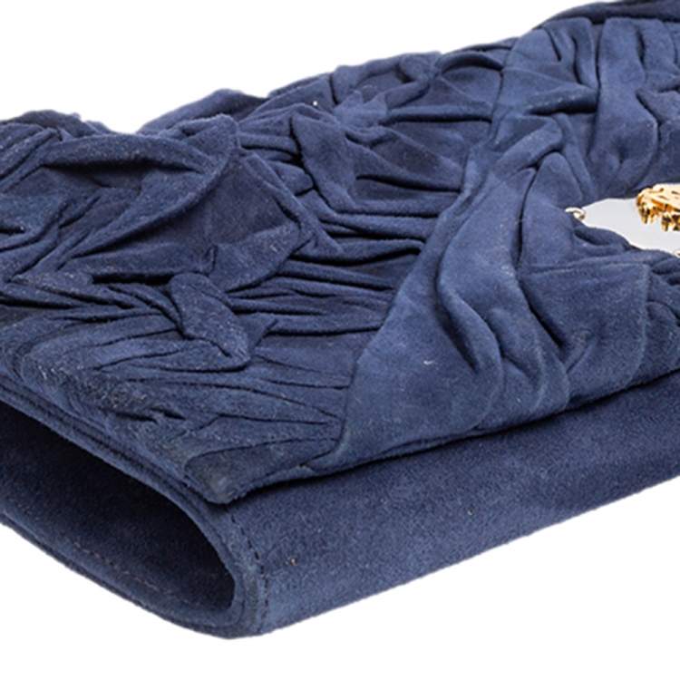 Pre Owned Roberto Cavalli Blue Pleated Suede Chain Clutch