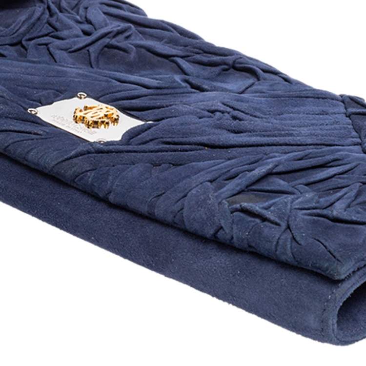 Pre Owned Roberto Cavalli Blue Pleated Suede Chain Clutch