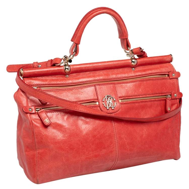 Pre Owned Roberto Cavalli Orange Leather Multiple Pocket Top Handle Bag