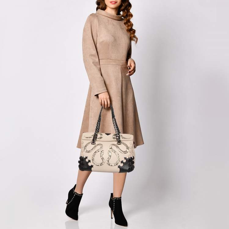 Pre Owned Roberto Cavalli Black/Beige Leather and Python Cut Out Flap Tote