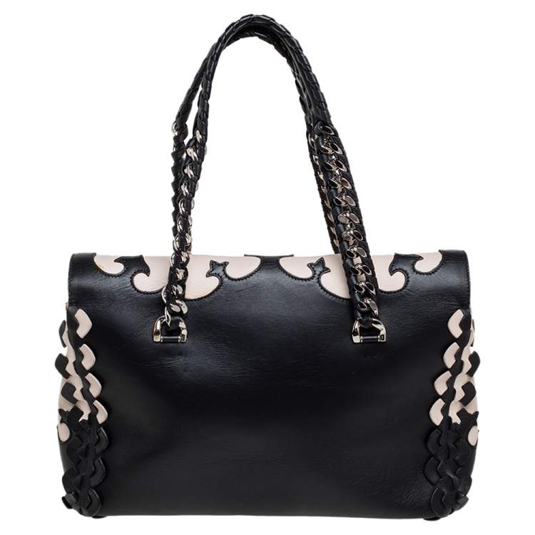 Pre Owned Roberto Cavalli Black/Beige Leather and Python Cut Out Flap Tote