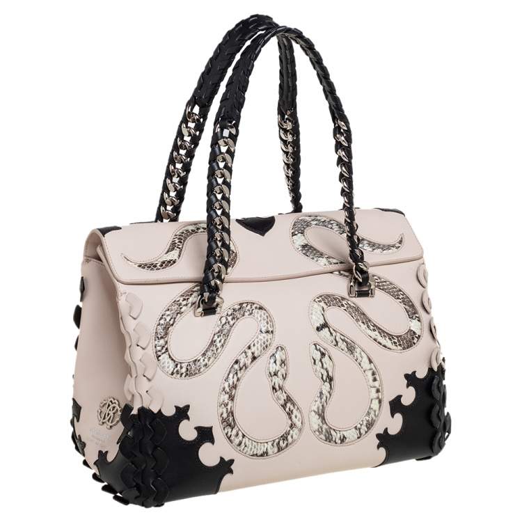 Pre Owned Roberto Cavalli Black/Beige Leather and Python Cut Out Flap Tote