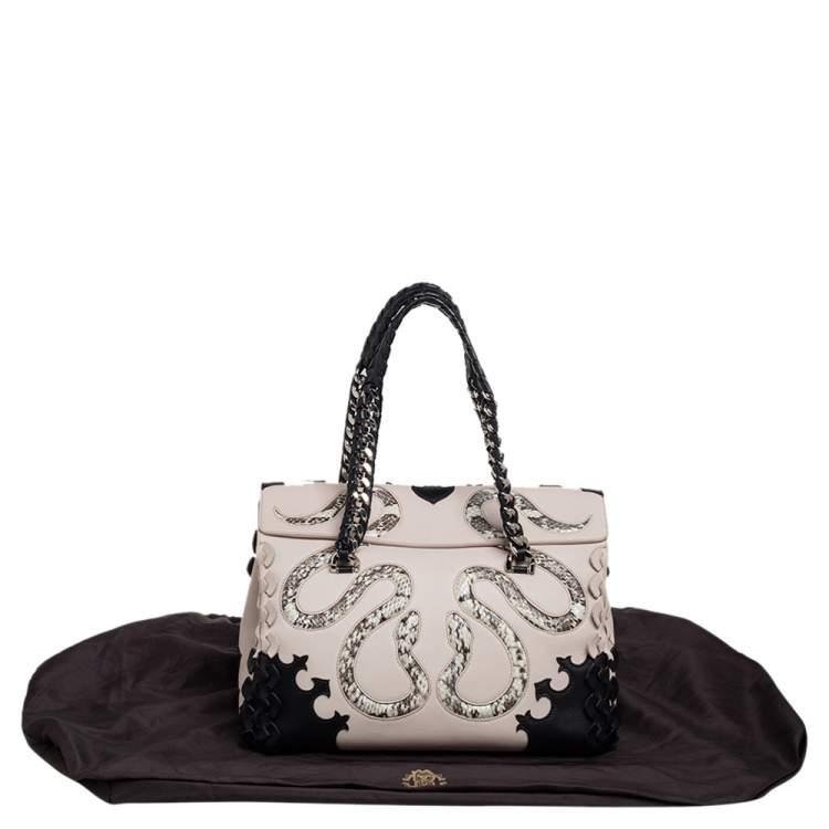 Pre Owned Roberto Cavalli Black/Beige Leather and Python Cut Out Flap Tote