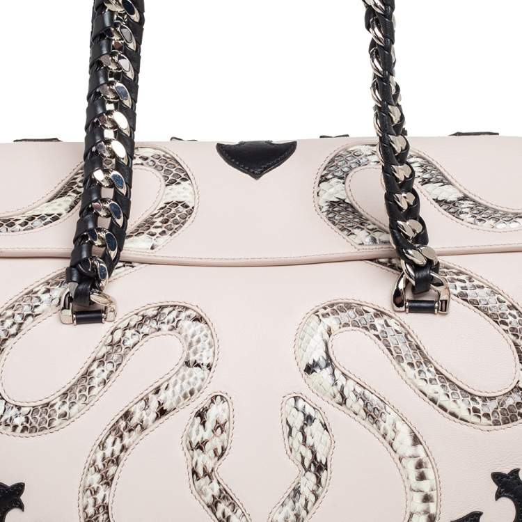 Pre Owned Roberto Cavalli Black/Beige Leather and Python Cut Out Flap Tote