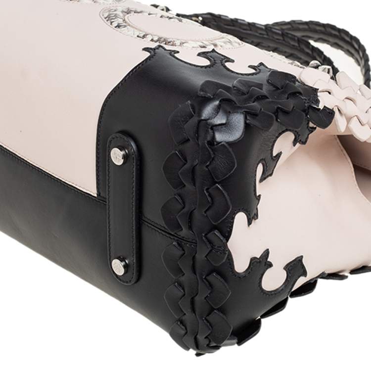 Pre Owned Roberto Cavalli Black/Beige Leather and Python Cut Out Flap Tote