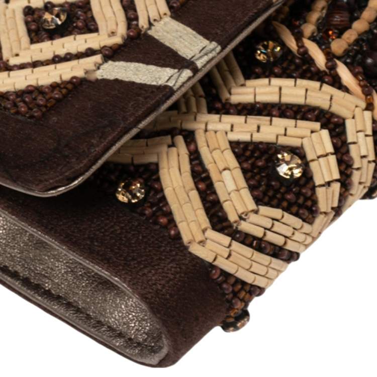 Pre Owned Roberto Cavalli Brown Fabric Beads Embellished Chain Clutch