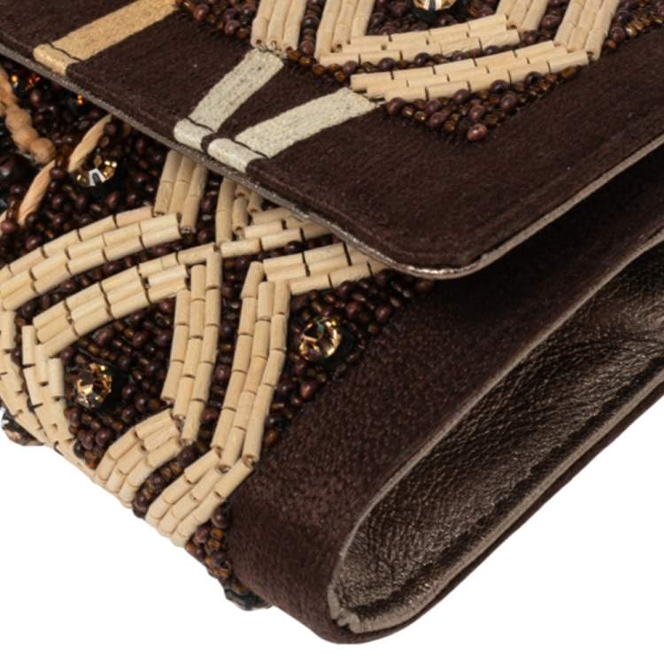 Pre Owned Roberto Cavalli Brown Fabric Beads Embellished Chain Clutch