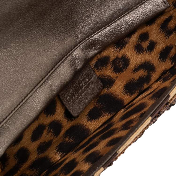 Pre Owned Roberto Cavalli Brown Fabric Beads Embellished Chain Clutch