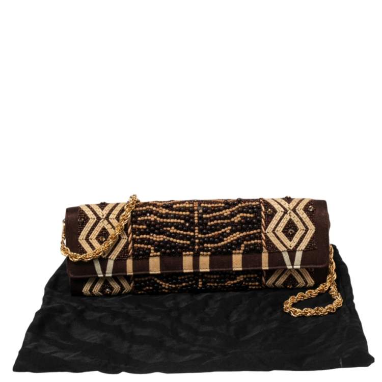 Pre Owned Roberto Cavalli Brown Fabric Beads Embellished Chain Clutch