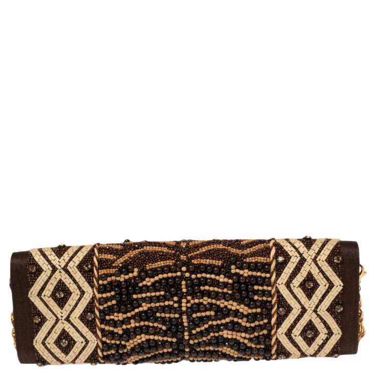Pre Owned Roberto Cavalli Brown Fabric Beads Embellished Chain Clutch