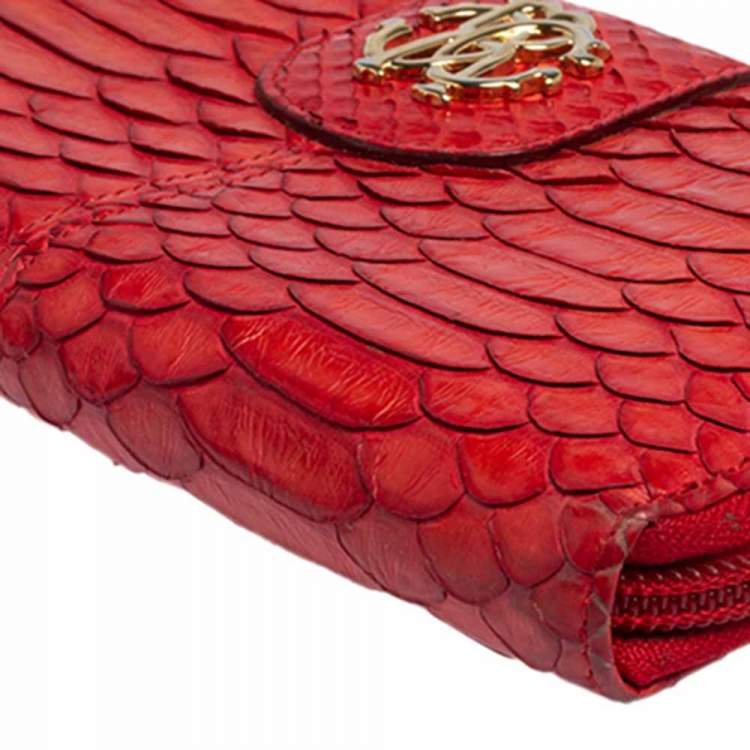 Pre Owned Roberto Cavalli Red Python Zip Around Wallet