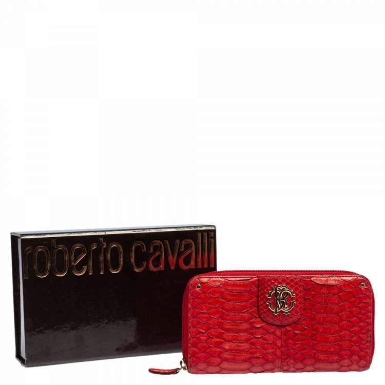 Pre Owned Roberto Cavalli Red Python Zip Around Wallet