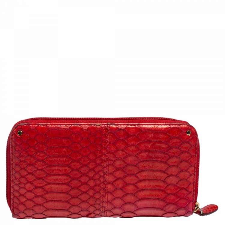 Pre Owned Roberto Cavalli Red Python Zip Around Wallet