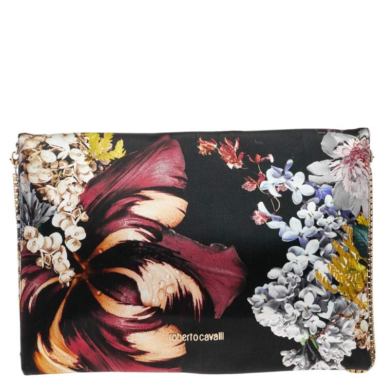 Pre Owned Roberto Cavalli Black Floral Print Satin Shoulder Bag