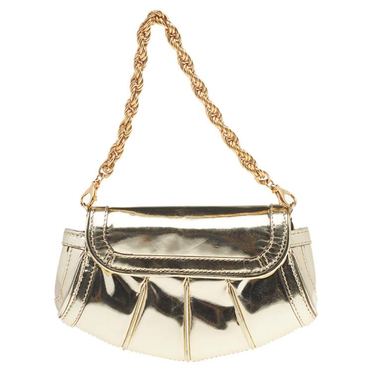 Pre Owned Roberto Cavalli Metallic Gold Patent Leather Chain Pochette