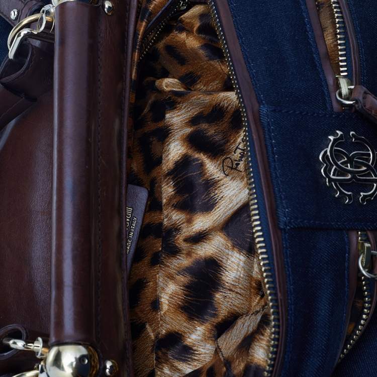 Pre Owned Roberto Cavalli Navy-Blue, Brown Denim And Leather Top Handle Bag