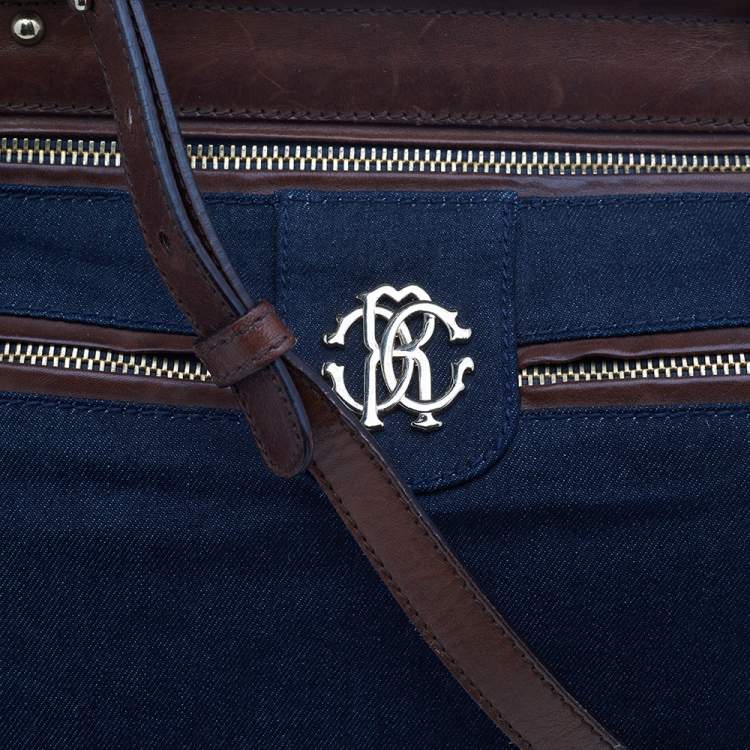 Pre Owned Roberto Cavalli Navy-Blue, Brown Denim And Leather Top Handle Bag