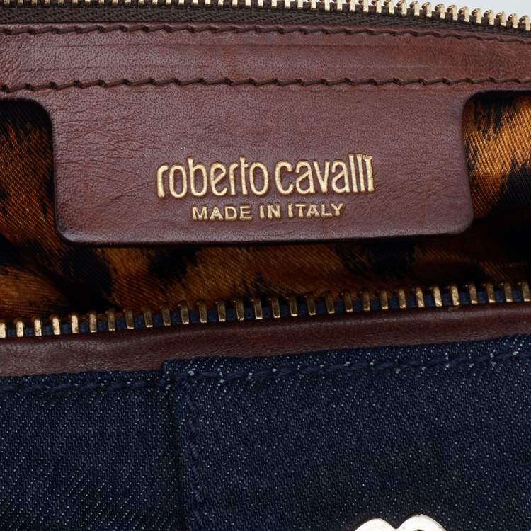 Pre Owned Roberto Cavalli Navy-Blue, Brown Denim And Leather Top Handle Bag