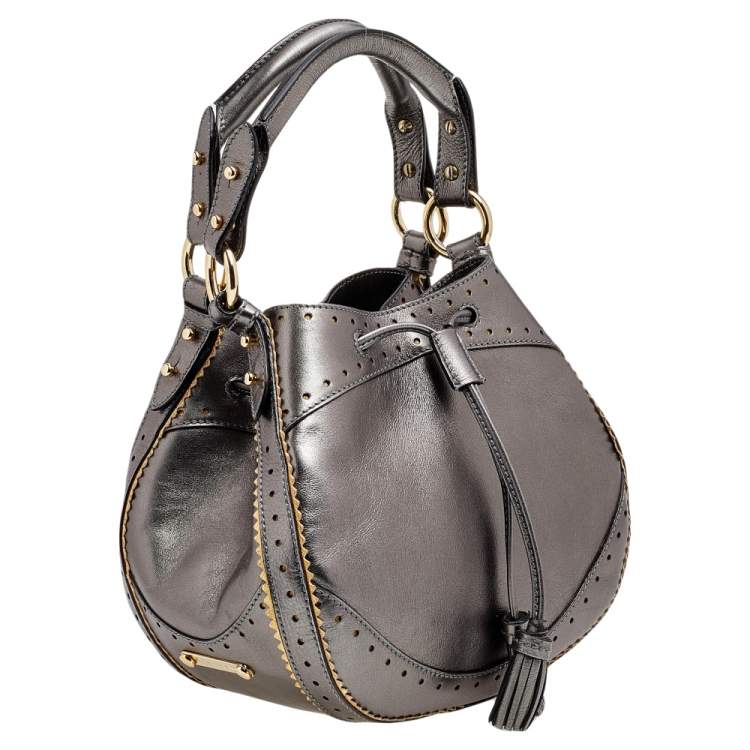 Pre Owned Roberto Cavalli Metallic Grey Drawstring Hobo