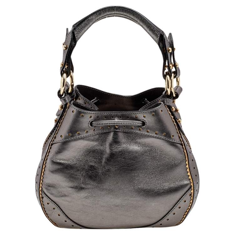 Pre Owned Roberto Cavalli Metallic Grey Drawstring Hobo