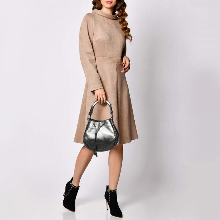 Pre Owned Roberto Cavalli Metallic Grey Drawstring Hobo