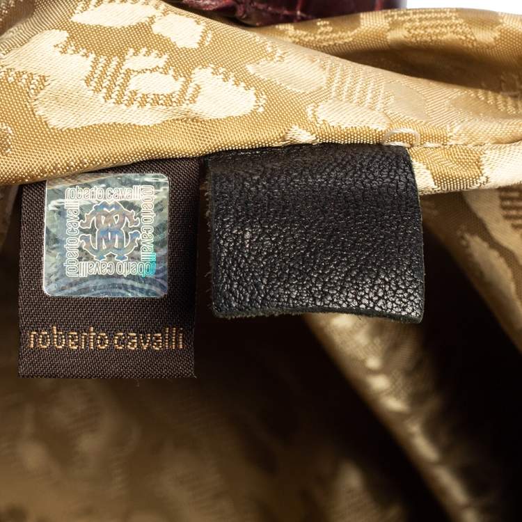 Pre Owned Roberto Cavalli Dark Burgundy Croc Embossed and Patent Leather Side Zip Hobo
