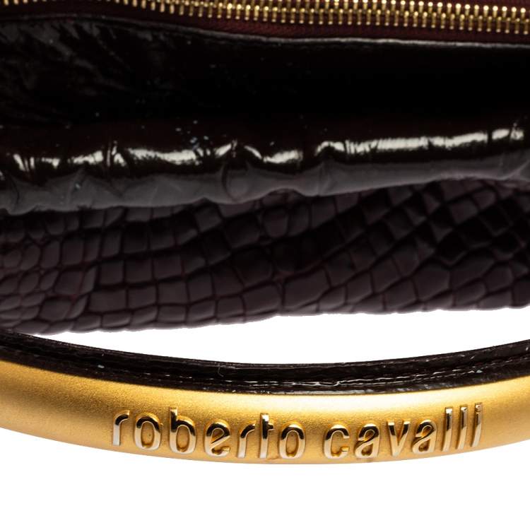 Pre Owned Roberto Cavalli Dark Burgundy Croc Embossed and Patent Leather Side Zip Hobo