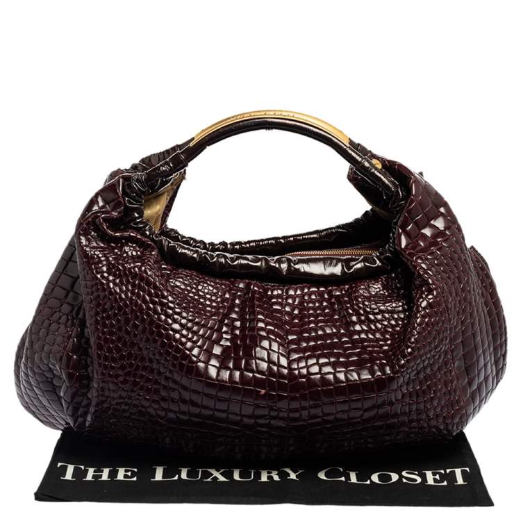 Pre Owned Roberto Cavalli Dark Burgundy Croc Embossed and Patent Leather Side Zip Hobo