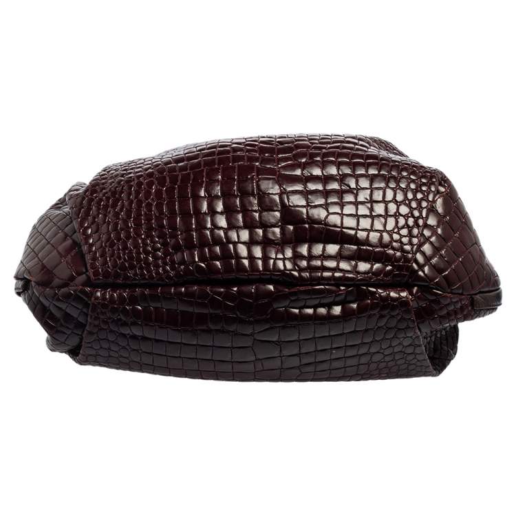 Pre Owned Roberto Cavalli Dark Burgundy Croc Embossed and Patent Leather Side Zip Hobo