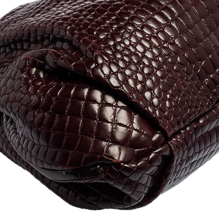 Pre Owned Roberto Cavalli Dark Burgundy Croc Embossed and Patent Leather Side Zip Hobo