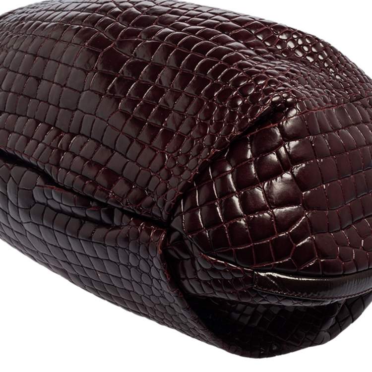 Pre Owned Roberto Cavalli Dark Burgundy Croc Embossed and Patent Leather Side Zip Hobo