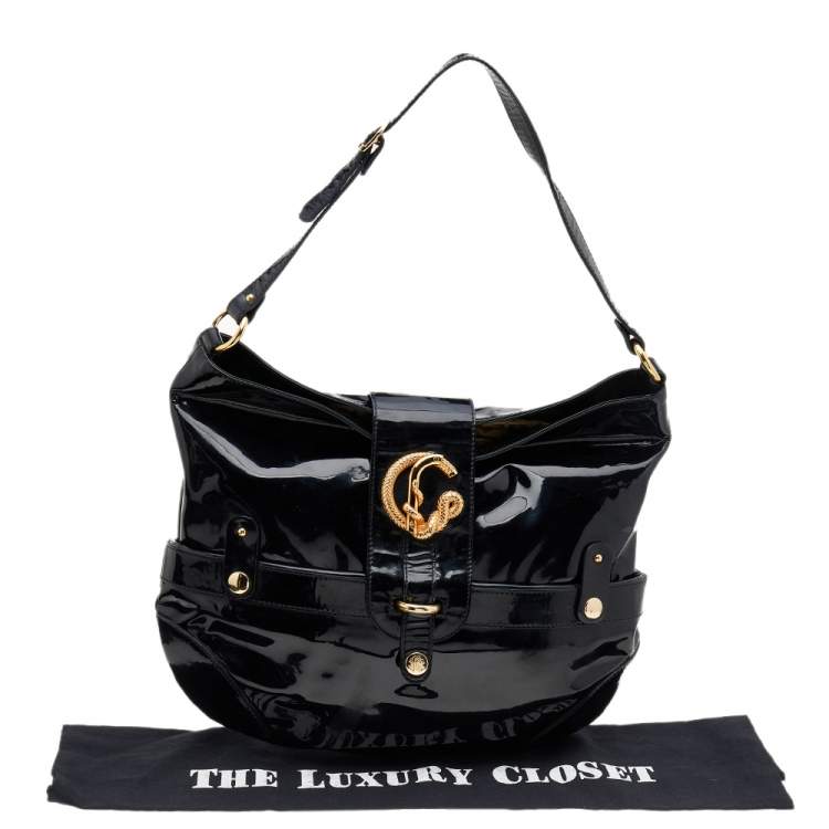 Pre Owned Roberto Cavalli Black Patent Leather Charm Flap Hobo