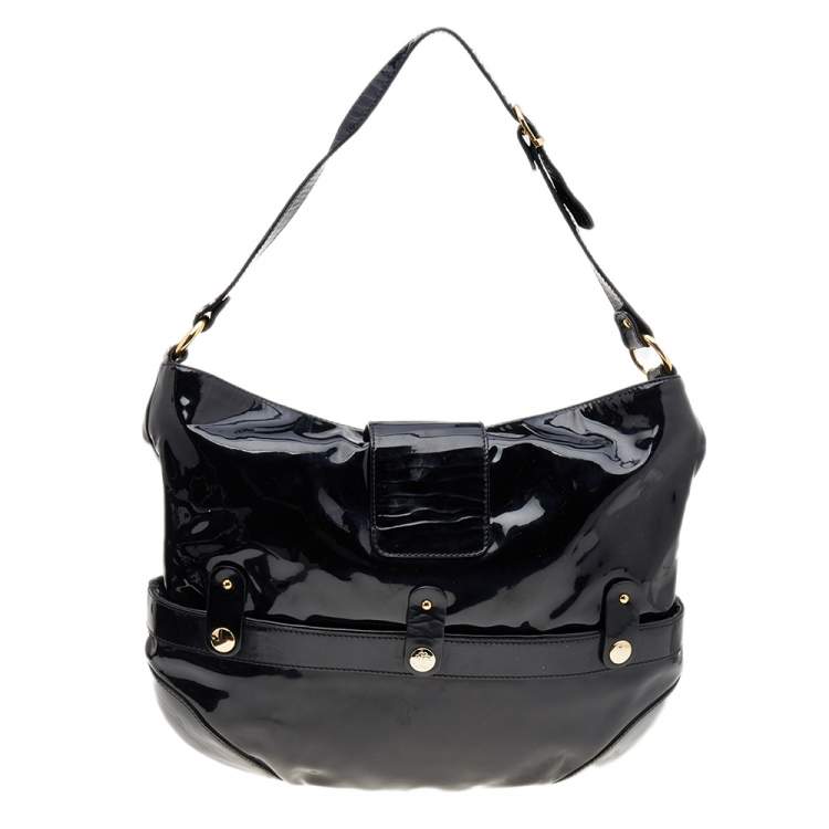 Pre Owned Roberto Cavalli Black Patent Leather Charm Flap Hobo