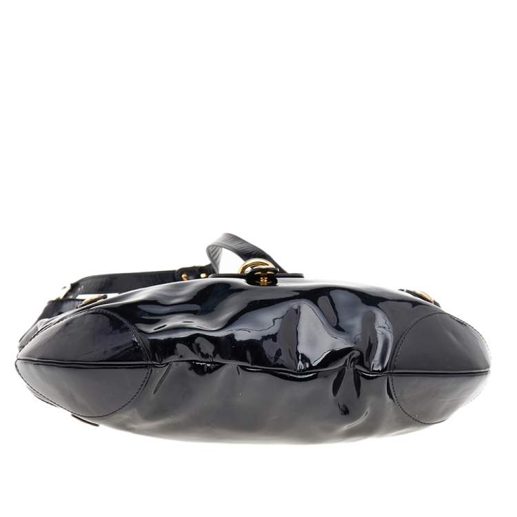 Pre Owned Roberto Cavalli Black Patent Leather Charm Flap Hobo