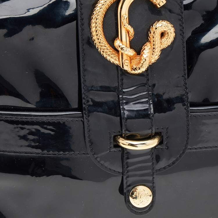 Pre Owned Roberto Cavalli Black Patent Leather Charm Flap Hobo