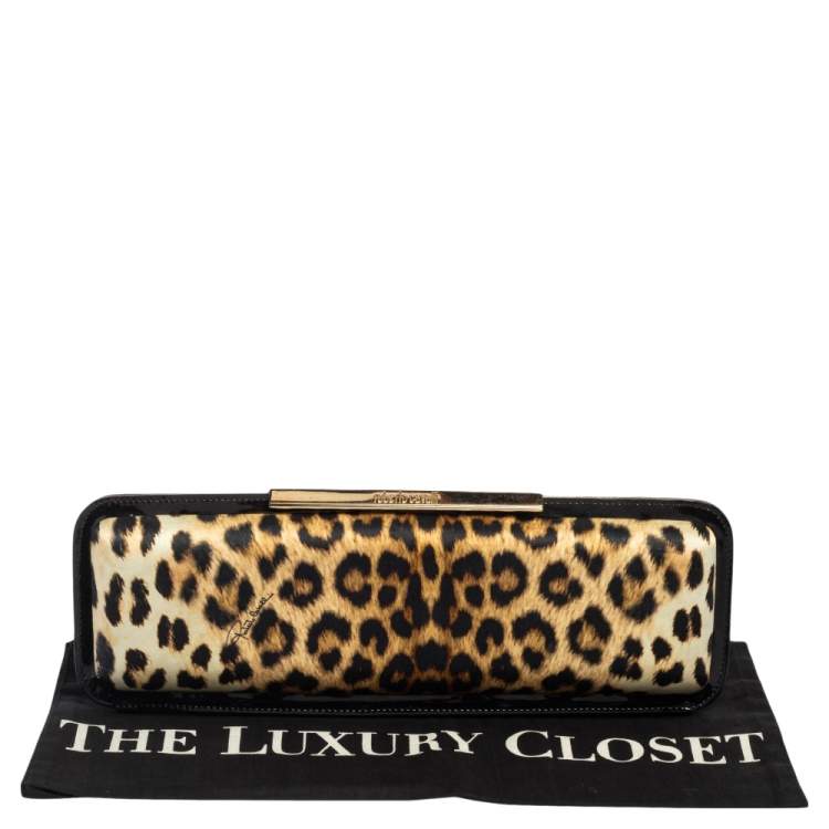 Pre Owned Roberto Cavalli Black/Brown Animal Print Satin and Patent Leather Long Clutch