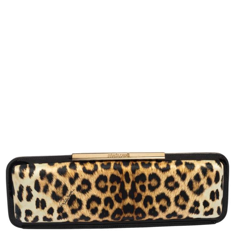 Pre Owned Roberto Cavalli Black/Brown Animal Print Satin and Patent Leather Long Clutch