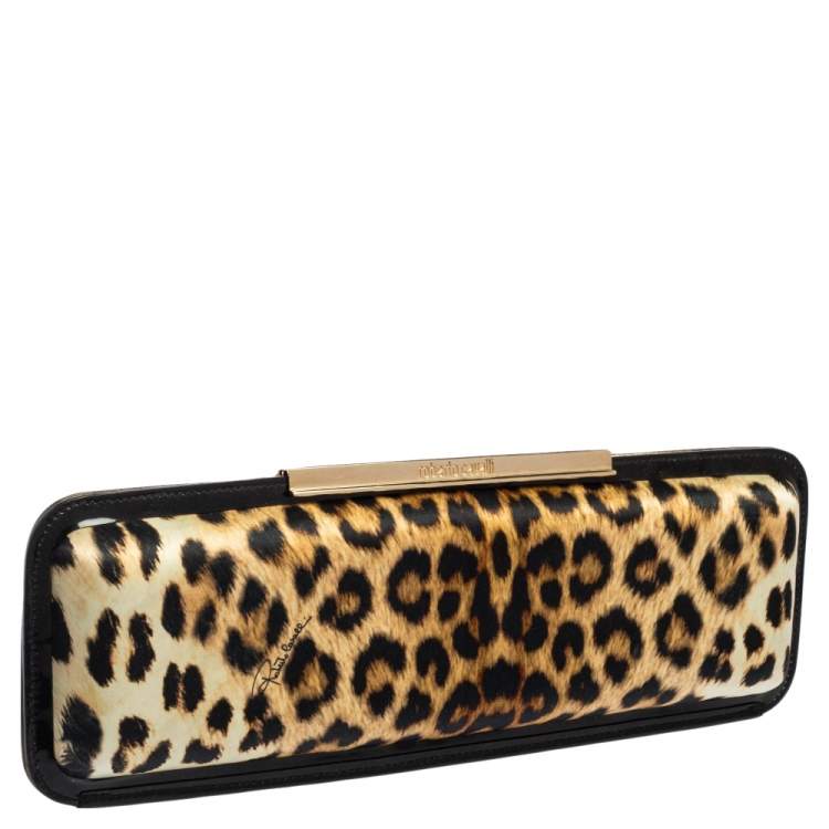 Pre Owned Roberto Cavalli Black/Brown Animal Print Satin and Patent Leather Long Clutch