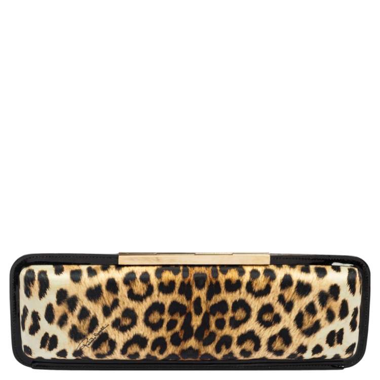 Pre Owned Roberto Cavalli Black/Brown Animal Print Satin and Patent Leather Long Clutch