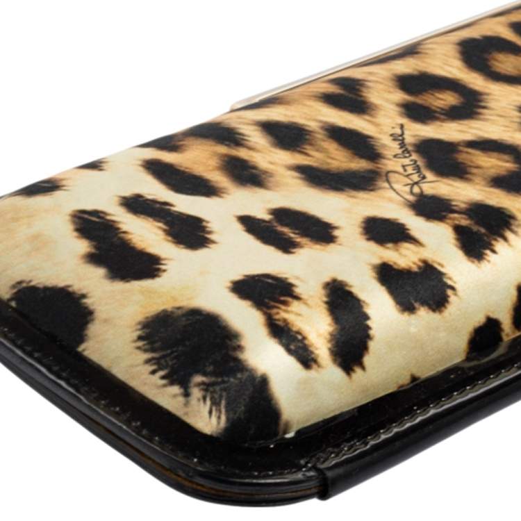 Pre Owned Roberto Cavalli Black/Brown Animal Print Satin and Patent Leather Long Clutch
