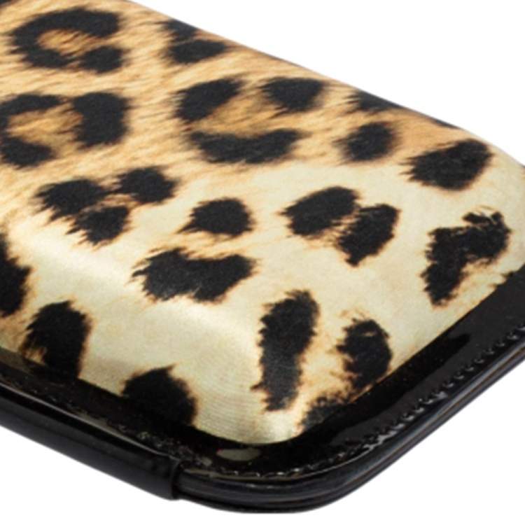 Pre Owned Roberto Cavalli Black/Brown Animal Print Satin and Patent Leather Long Clutch